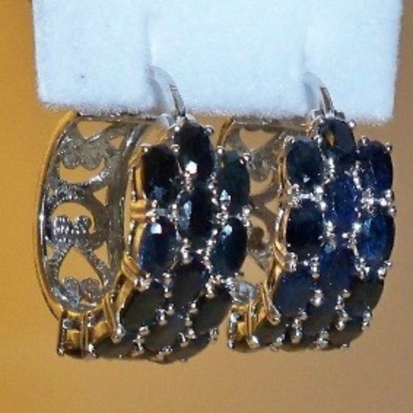 BLUE SAPPHIRE HUGGIE EARRINGS - 925 - Picture 1 of 6